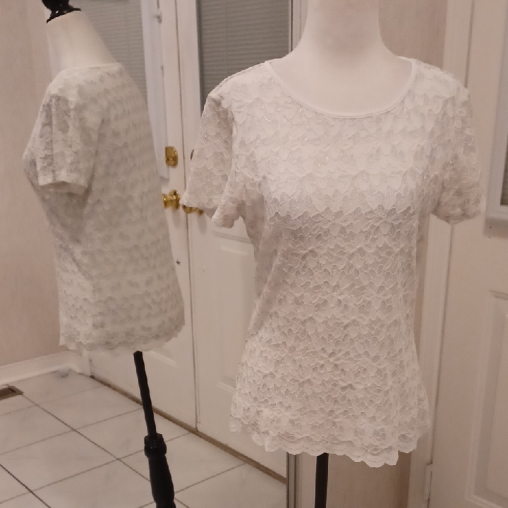 2/$50 Calvin Klein White Lace Fitted Embellished Blouse - Size Small